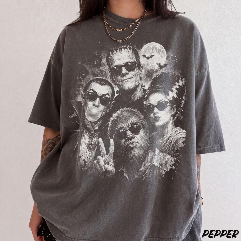 Retro Halloween Monster Selfie S Shirt, Frankenstein Werewolf Dracula